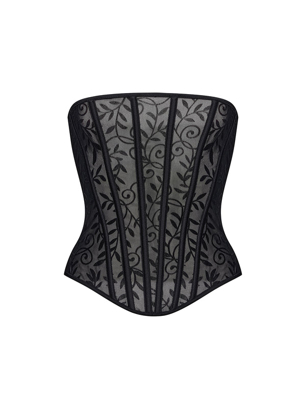 Elastic floral mesh corset top