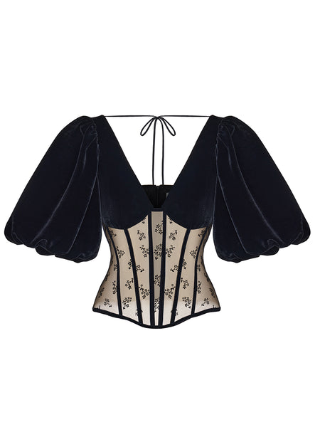 Floral print mesh corset top with puff velvet sleeves Black