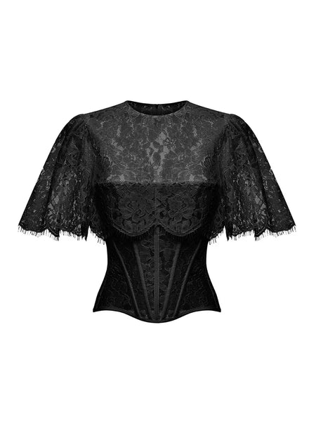 Velvet corset top with puff sleeves Black RC23W092A001 - buy at the online  boutique RozieCorsets