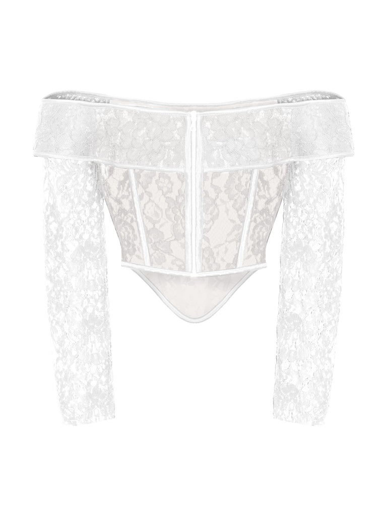 sne hvid farve Raffinaderi Off-the-shoulder lace corset top– Roziecorsets
