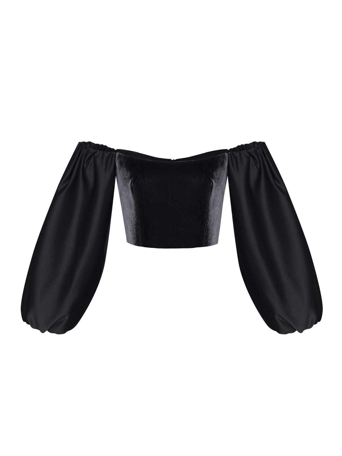 Silk velvet corset top with silk organza puff sleeves black R20_1 ...