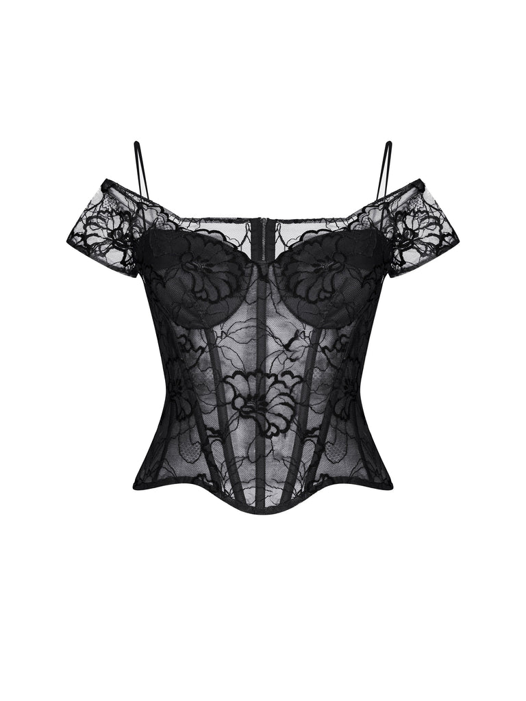 Off-shoulder lace bustier corset top Black RC23S008A001 - buy at the online  boutique RozieCorsets
