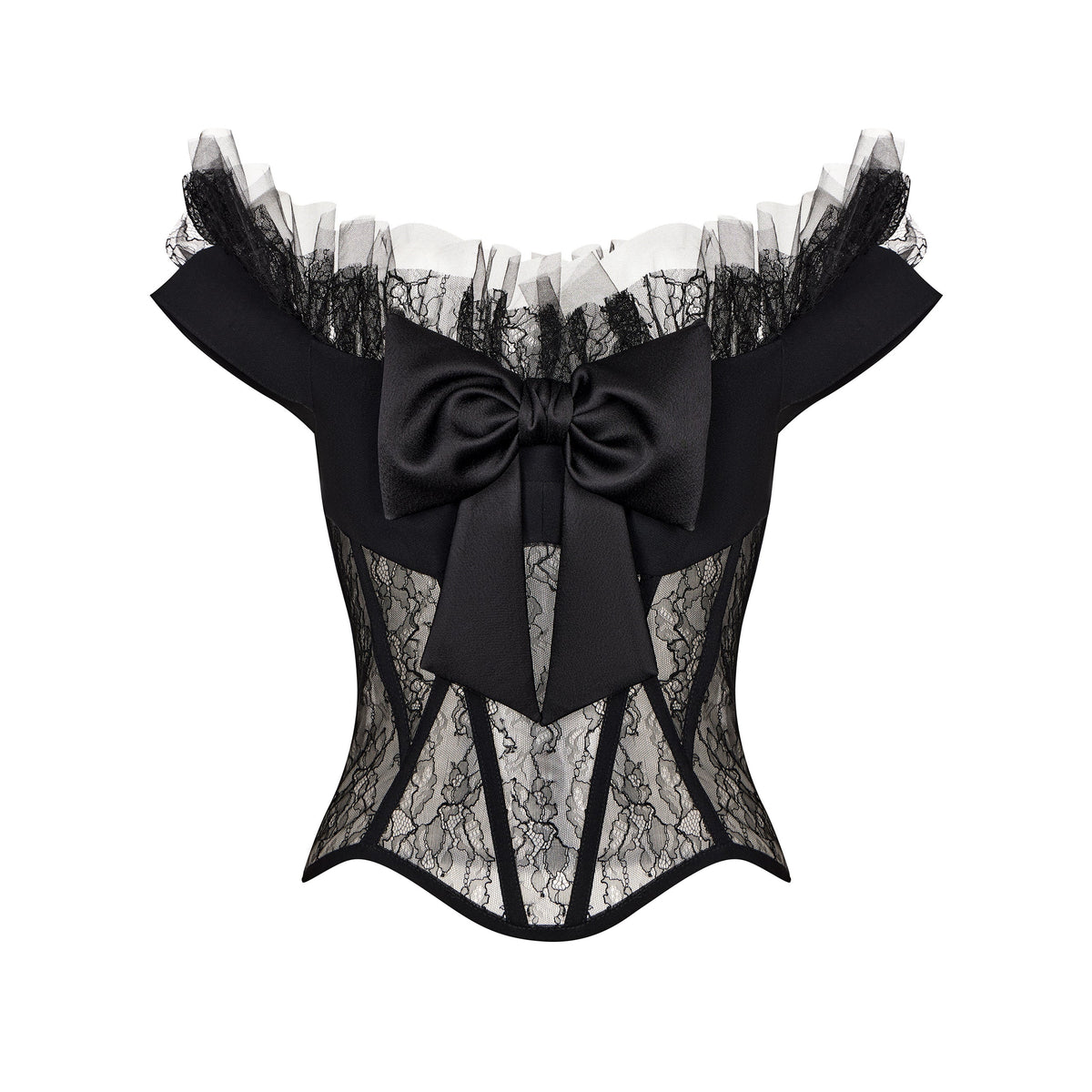 Crepe and lace corset top with ruffled tulle and bow Black RC23S038A001 -  buy at the online boutique RozieCorsets