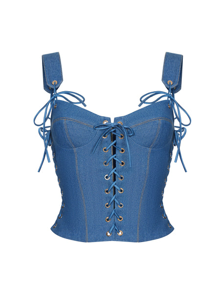 Denim bustier corset top with stitching and lacing Blue
