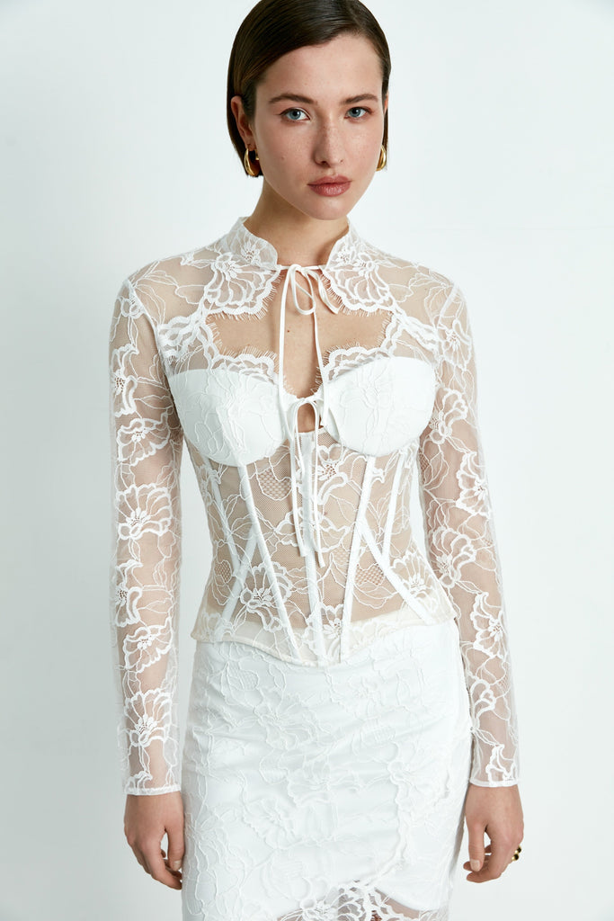 Lace long-sleeve bustier corset top White RC23S060A002 - buy at the online  boutique RozieCorsets